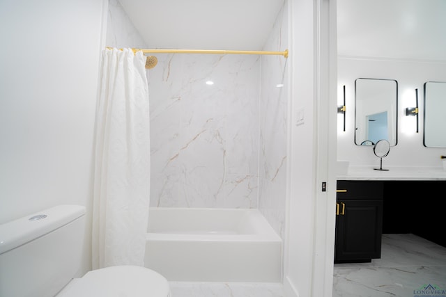 full bath featuring shower / tub combo, marble finish floor, vanity, and toilet