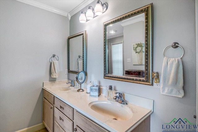 bathroom featuring ornamental molding and double vanity