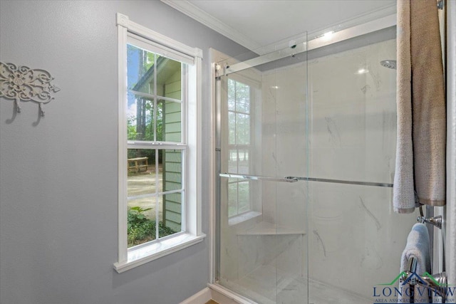 full bath with a marble finish shower and ornamental molding