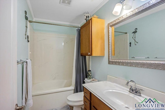full bathroom with ornamental molding, shower / bath combo, toilet, and vanity