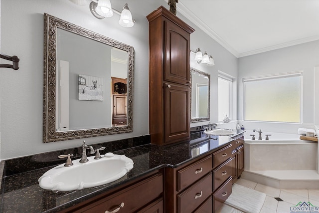 bathroom featuring a tub to relax in, tile patterned flooring, vanity, and ornamental molding