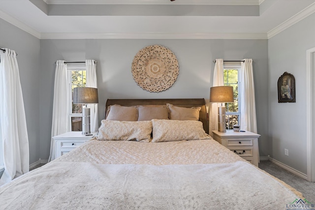 bedroom featuring carpet flooring, a tray ceiling, and multiple windows