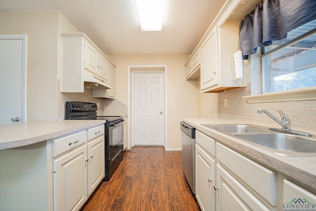 kitchen with black / electric stove, dishwasher, sink, and white cabinets