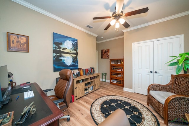 2106 Katie Lee Ln, Longview, TX 75601 - office featuring light wood-style floors, a ceiling fan, and crown molding