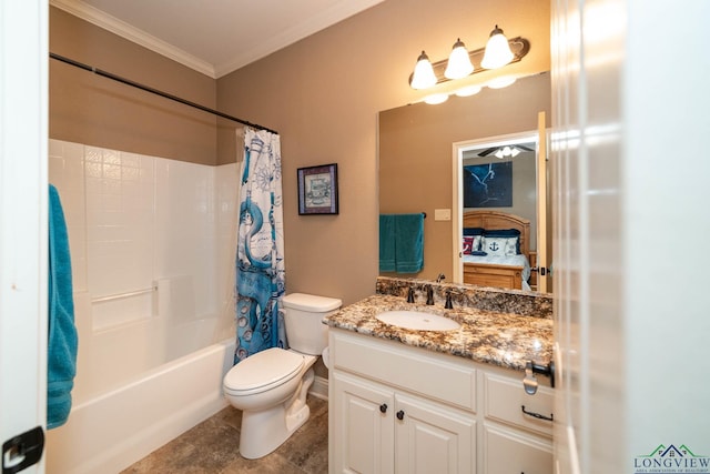 2106 Katie Lee Ln, Longview, TX 75601 - ensuite bathroom with vanity, crown molding, shower / bath combo with shower curtain, toilet, and tile patterned flooring