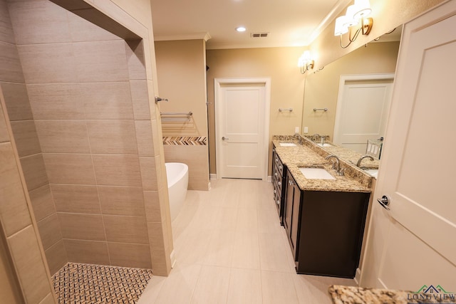 bathroom featuring crown molding, tile patterned flooring, vanity, and shower with separate bathtub