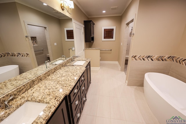 bathroom with shower with separate bathtub, vanity, tile patterned floors, and crown molding