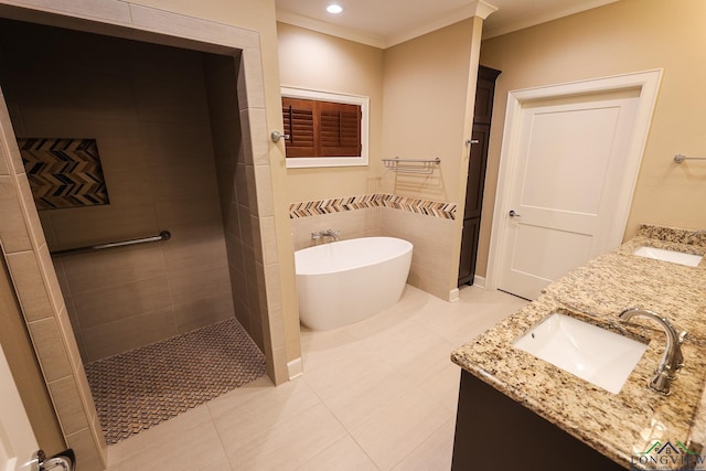 bathroom with crown molding, tile patterned flooring, vanity, and shower with separate bathtub