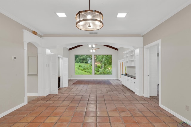 unfurnished living room with light tile patterned floors, lofted ceiling with beams, and ceiling fan with notable chandelier