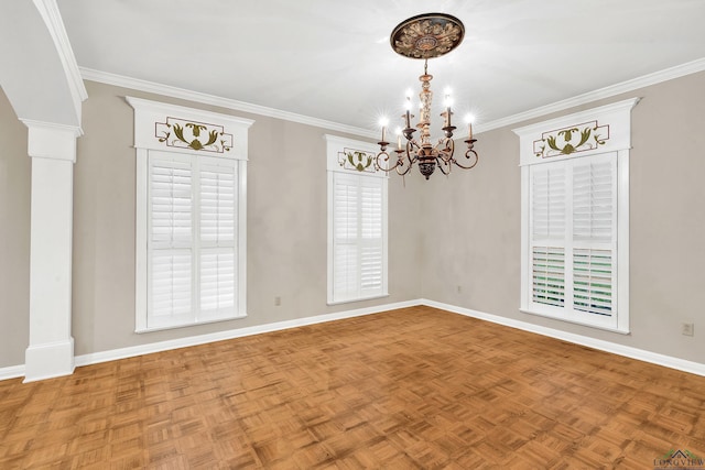 spare room with crown molding and light parquet floors