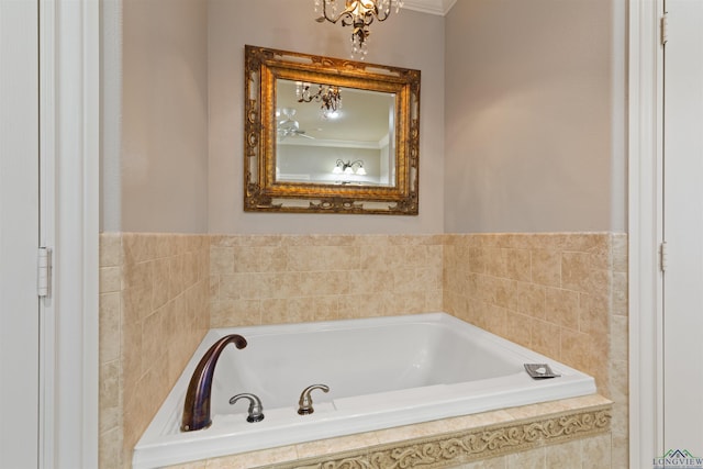 bathroom with a chandelier and a garden tub