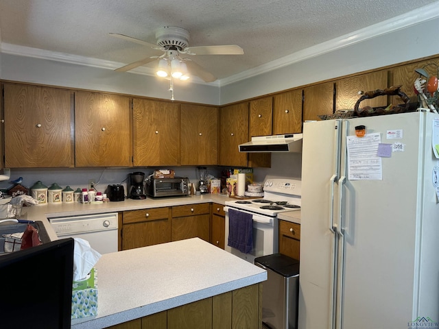 kitchen featuring a textured ceiling, ceiling fan, white appliances, and ornamental molding