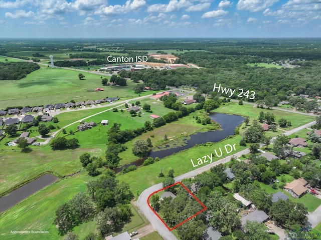 1776 Lazy U Dr, Canton, TX 75103 - aerial perspective of suburban area featuring property boundaries highlighted, a nearby body of water, and a golf course