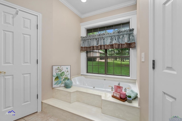 bathroom with tile patterned floors, tiled tub, and ornamental molding