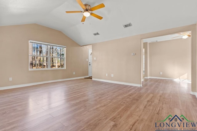 unfurnished living room with visible vents, light wood-style flooring, and a ceiling fan