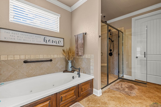 3803 Hobson Rd, Longview, TX 75605 - bathroom featuring a stall shower, a whirlpool tub, and ornamental molding