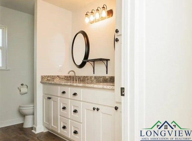 bathroom with vanity, baseboards, toilet, and wood finished floors