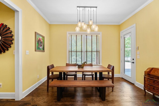 12265 Sable Ln, Whitehouse, TX 75791 - dining area with dark wood-style floors, ornamental molding, baseboards, and a chandelier