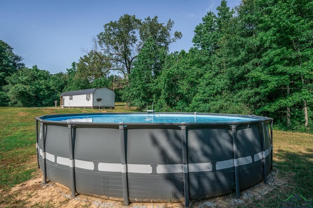 1203 Vesta Ave, Gladewater, TX 75647 - swimming pool featuring a yard, an outdoor structure, and a storage shed