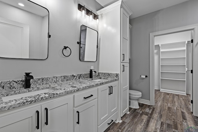 bathroom featuring hardwood / wood-style floors, vanity, and toilet