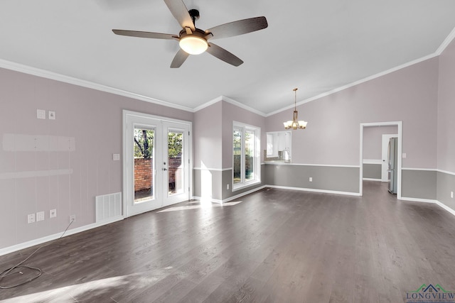 empty room featuring french doors, ceiling fan with notable chandelier, dark hardwood / wood-style floors, and ornamental molding