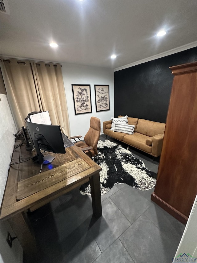 home office with ornamental molding and concrete flooring