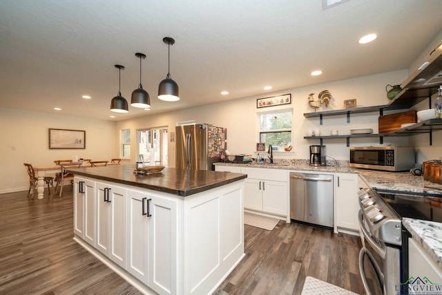 kitchen with open shelves, dark wood finished floors, recessed lighting, appliances with stainless steel finishes, and white cabinets