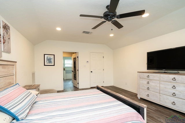 bedroom with baseboards, visible vents, lofted ceiling, recessed lighting, and dark wood-style flooring