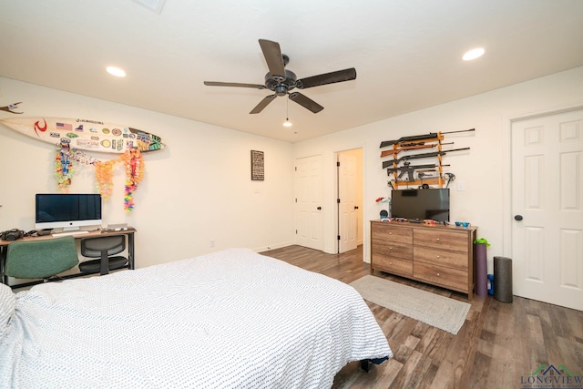 bedroom featuring recessed lighting, ceiling fan, and wood finished floors