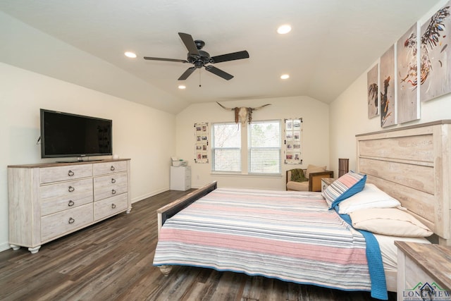 bedroom featuring dark wood finished floors, recessed lighting, baseboards, ceiling fan, and vaulted ceiling