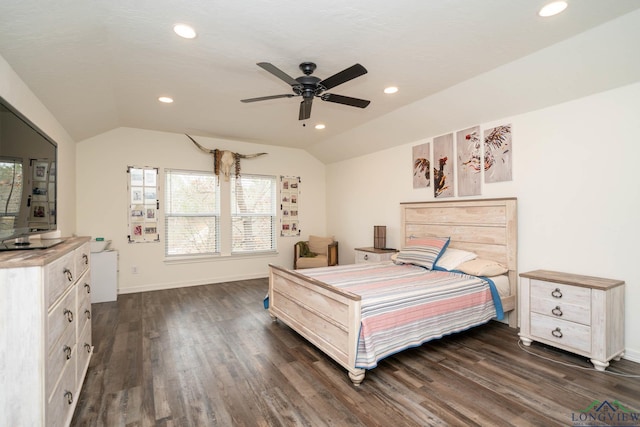 bedroom with dark wood finished floors, lofted ceiling, recessed lighting, and baseboards