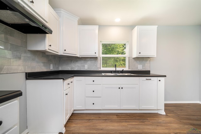 18385 Fm 1716, Tatum, TX 75691 - kitchen featuring under cabinet range hood, a sink, dark countertops, backsplash, and white cabinets