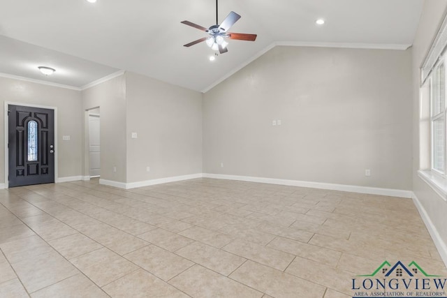 unfurnished living room featuring baseboards, lofted ceiling, ornamental molding, light tile patterned flooring, and a ceiling fan