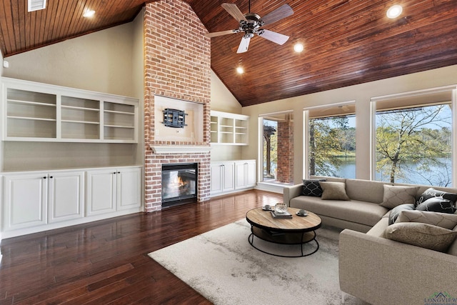 living room with high vaulted ceiling, ceiling fan, a fireplace, dark hardwood / wood-style flooring, and wood ceiling