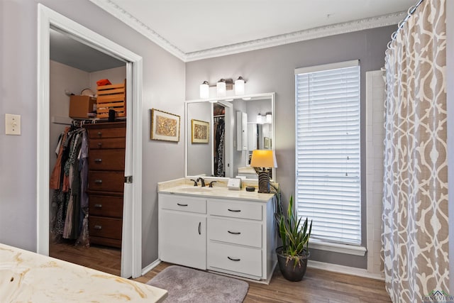 bathroom with hardwood / wood-style flooring, ornamental molding, and vanity