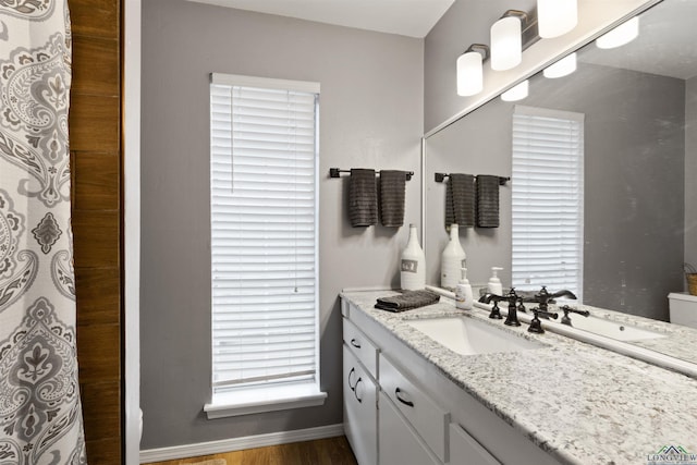 bathroom with hardwood / wood-style flooring and vanity