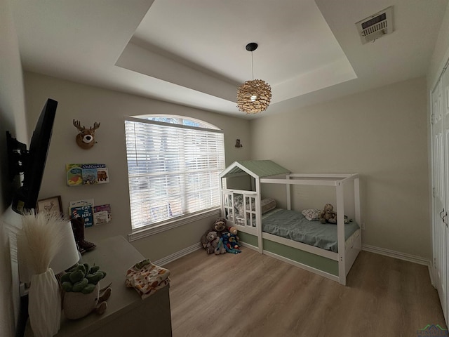 bedroom with hardwood / wood-style floors and a raised ceiling