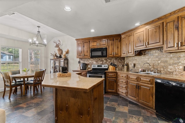 kitchen with a kitchen island, sink, decorative backsplash, hanging light fixtures, and black appliances