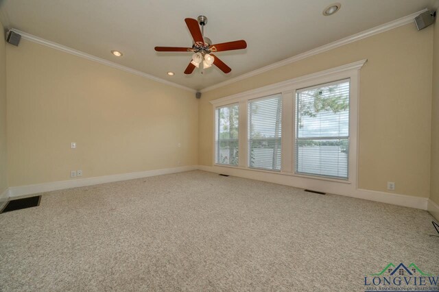 521 Hideaway Ln, Central, Hideaway, TX 75771 - carpeted empty room with ornamental molding, recessed lighting, visible vents, and baseboards