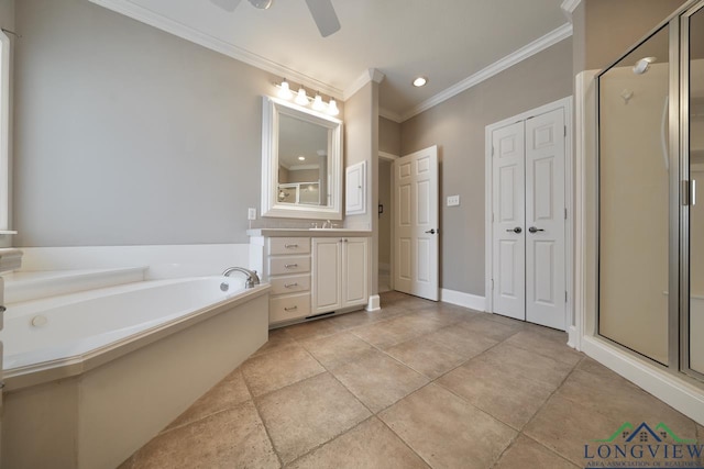 521 Hideaway Ln, Central, Hideaway, TX 75771 - full bathroom with a garden tub, crown molding, a shower stall, vanity, and baseboards