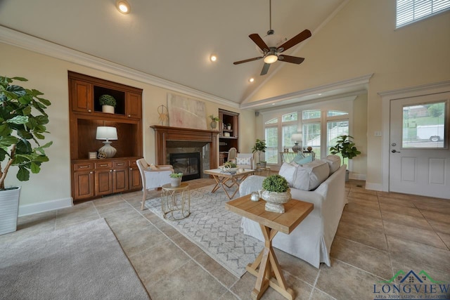 521 Hideaway Ln, Central, Hideaway, TX 75771 - living area with ornamental molding, recessed lighting, high vaulted ceiling, and a premium fireplace