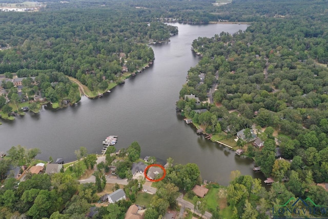 521 Hideaway Ln, Central, Hideaway, TX 75771 - aerial view featuring a water view and a forest view