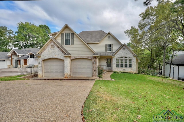 view of front of house featuring an attached garage, brick siding, fence, driveway, and a front lawn