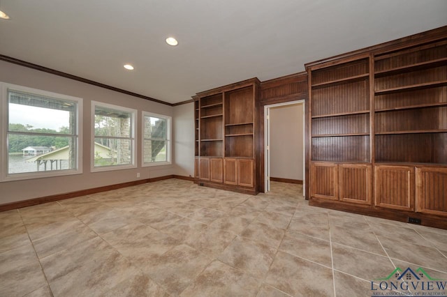 521 Hideaway Ln, Central, Hideaway, TX 75771 - unfurnished living room featuring light tile patterned floors, ornamental molding, recessed lighting, and baseboards