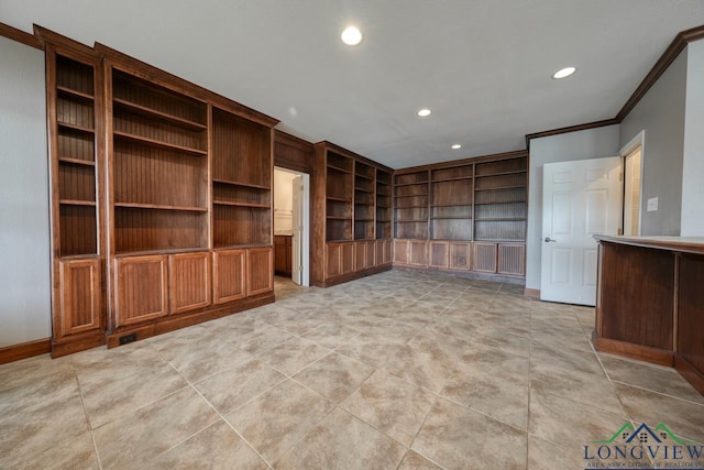521 Hideaway Ln, Central, Hideaway, TX 75771 - unfurnished living room with crown molding, baseboards, built in features, and recessed lighting