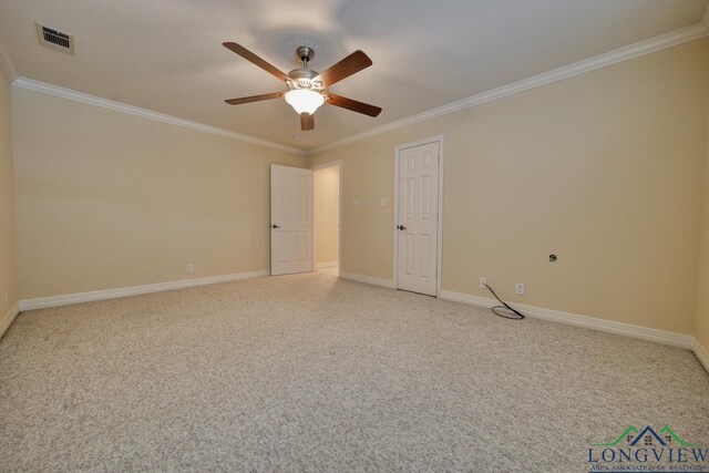 521 Hideaway Ln, Central, Hideaway, TX 75771 - unfurnished room with a ceiling fan, light carpet, crown molding, and baseboards