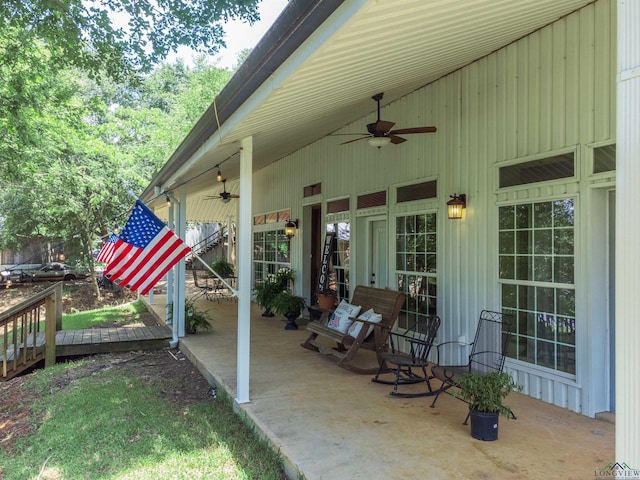 view of patio featuring ceiling fan