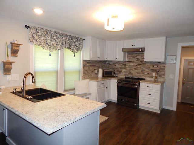 kitchen with kitchen peninsula, black stove, tasteful backsplash, sink, and white cabinets