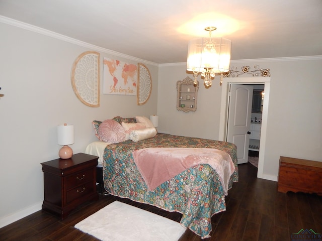 bedroom featuring dark hardwood / wood-style flooring, crown molding, and an inviting chandelier