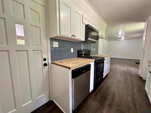 1505 E Birdsong, Longview, TX 75602 - kitchen featuring stainless steel appliances, butcher block countertops, tasteful backsplash, dark wood-style floors, and white cabinetry